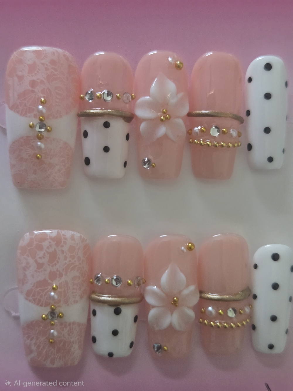 Hand Crafted Peach & White Floral Polka Dot Press-On Nails